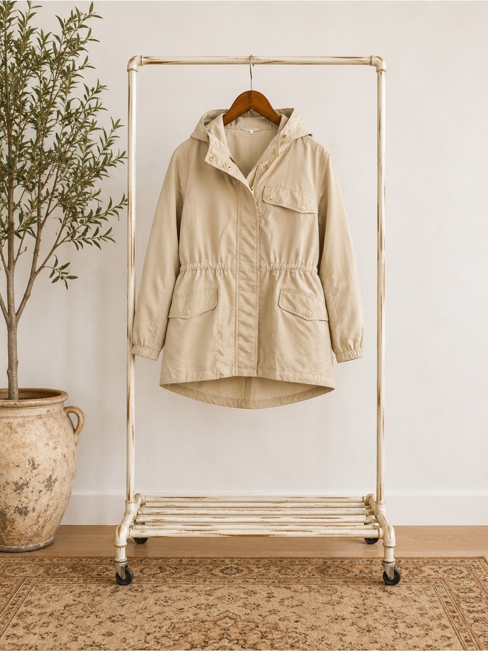New York & Company Khaki Hooded Utility Jacket